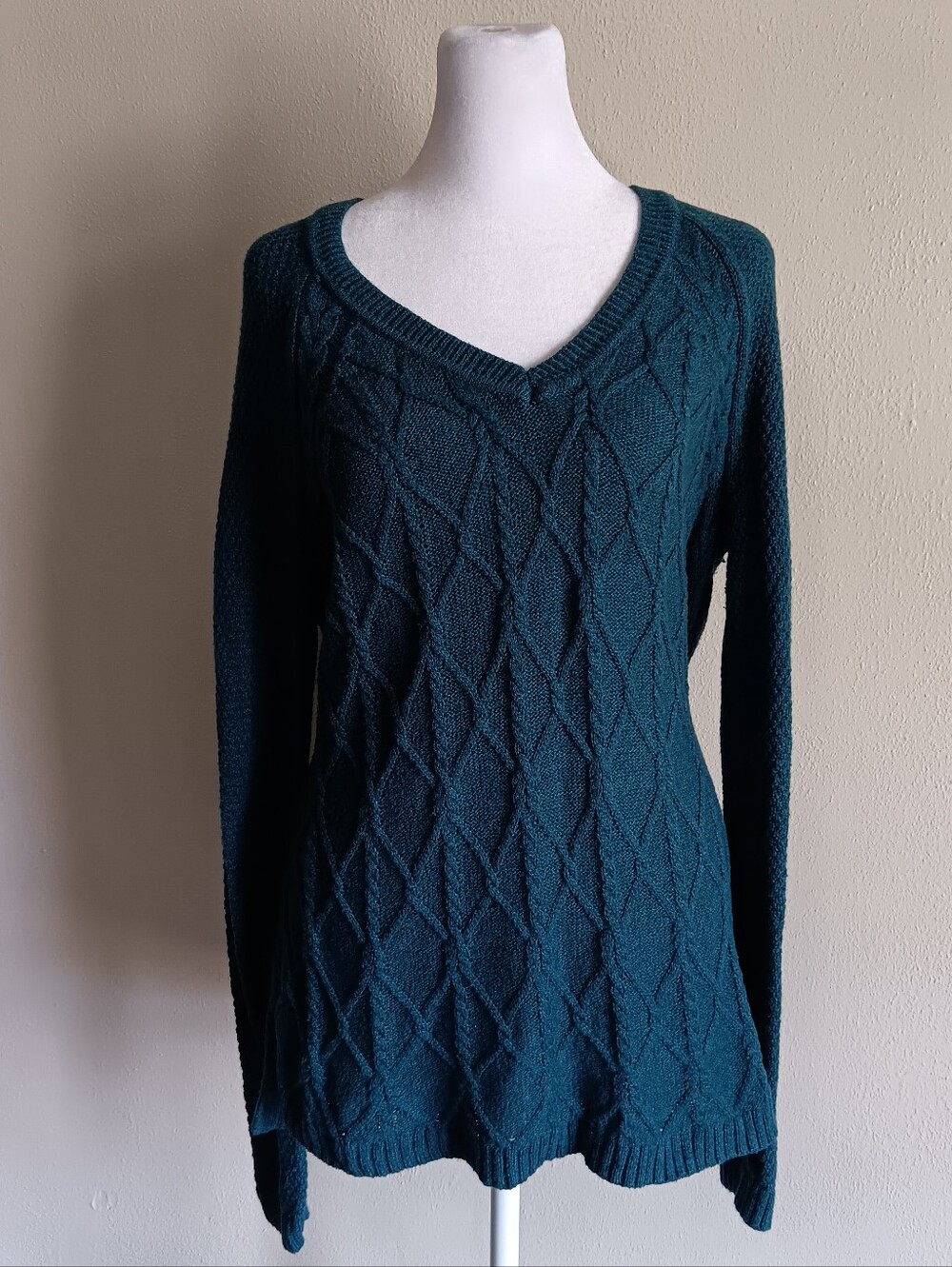 Preppy Academia V-Neck Cable Knit Sweater In Teal, Sonoma Size Medium, Fall